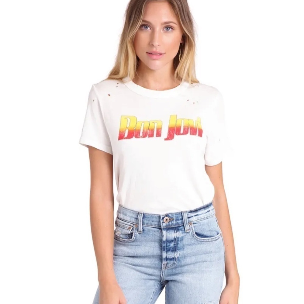 Rare Chaser Bon Jovi Distressed T Shirt Crewneck 100% Cotton Cream Red Yell SZ S